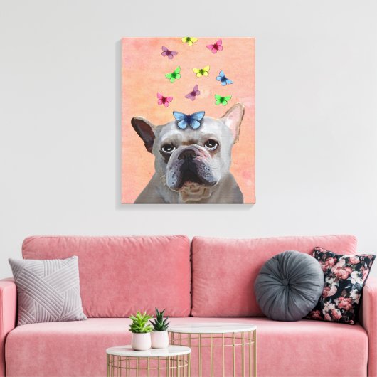 White French Bulldog en Butterflies Canvas Afdruk (Insitu (Woonkamer))