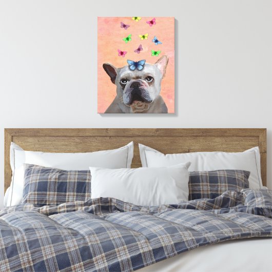 White French Bulldog en Butterflies Canvas Afdruk (Insitu (Slaapkamer))