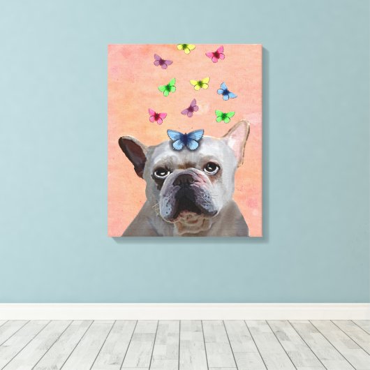 White French Bulldog en Butterflies Canvas Afdruk (Insitu (Houten vloer))