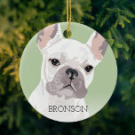 White French Bulldog Kerstmis Keramisch Ornament<br><div class="desc">Kool pop art inspireerde de franse kerstkerstversiering met een witte frenchie-hond op een pastelgroene achtergrond die in elke kleur kan worden veranderd,  voeg je huisdieren toe.</div>