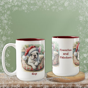 White Frenchie, in Santa Hat, Holiday Dog Bed Tweekleurige Koffiemok