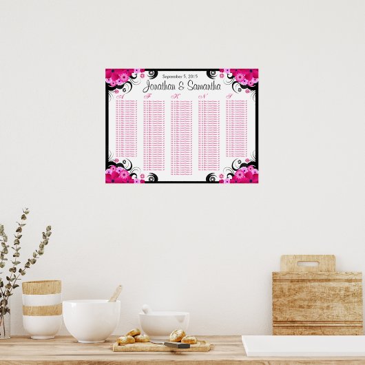White Fuchsia Floral Wedding Table Seating Charts Poster (Keuken)
