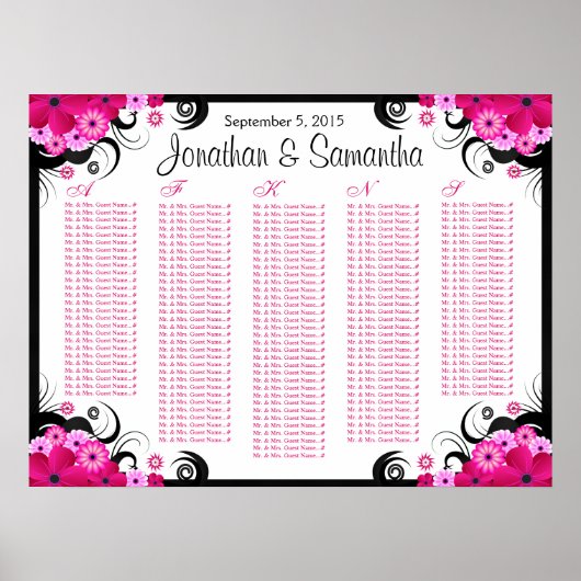 White Fuchsia Floral Wedding Table Seating Charts Poster (Voorkant)