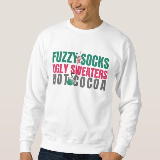 White Fuzzy Socks, Ugly Sweaters, Hot Cocoa Quote Trui (Voorkant)