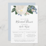 White Garden Floral Light Blue Rehearsal Dinner Aankondiging<br><div class="desc">Waterverf florale toedieningsvorm in witte,  blauwe en groene tinten,  repetitief diner uitnodiging. Chic en modern grijs typografisch ontwerp. De achterzijde van de kaart is voorzien van effen lichtblauw poeder.</div>