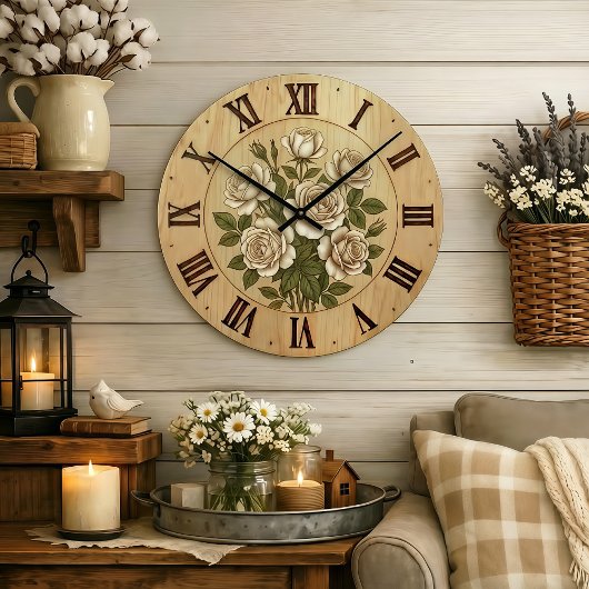 White Garden Flowers Wall Clock Grote Klok