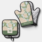 White Garden Mum Flower Pattern Ovenwant & Pannenlap Set (Voorkant / Achterkant)