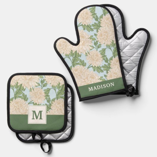 White Garden Mum Flower Pattern Ovenwant & Pannenlap Set (Voorkant / Achterkant)