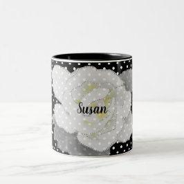 White Gardenia Flower Black White Polka Dot Tweekleurige Koffiemok