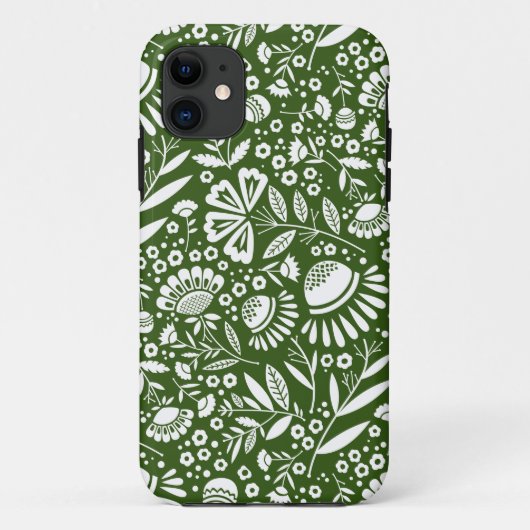 White Geometric Blooms Pattern on Forest Green Case-Mate iPhone Case (Achterkant)