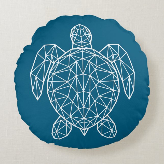 White Geometric Wireframe Sea Turtle Rond Kussen (Voorkant)