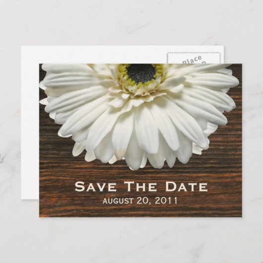 White Gerbera & Barnwood Bewaar de datum Briefkaar Aankondigingskaart (Voorkant / Achterkant)