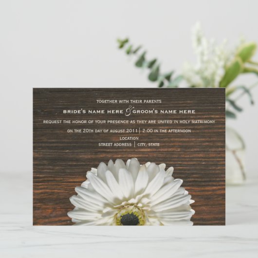 White Gerbera & Barnwood Rustic Wedding Invitation Kaart (Staand voorkant)