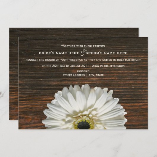White Gerbera & Barnwood Rustic Wedding Invitation Kaart (Voorkant / Achterkant)