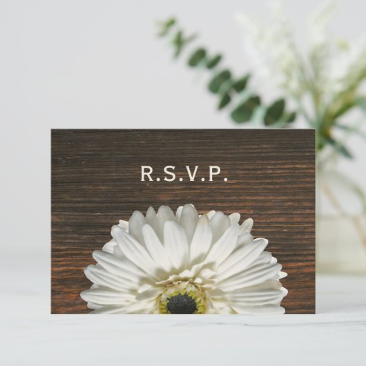 White Gerbera & Barnwood Rustic Wedding RSVP (Staand voorkant)