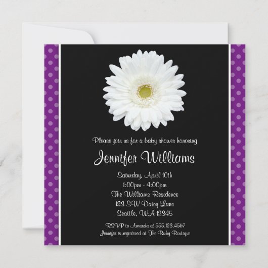 White Gerbera Daisy Paars Polka Dot Baby shower Kaart (Voorkant)