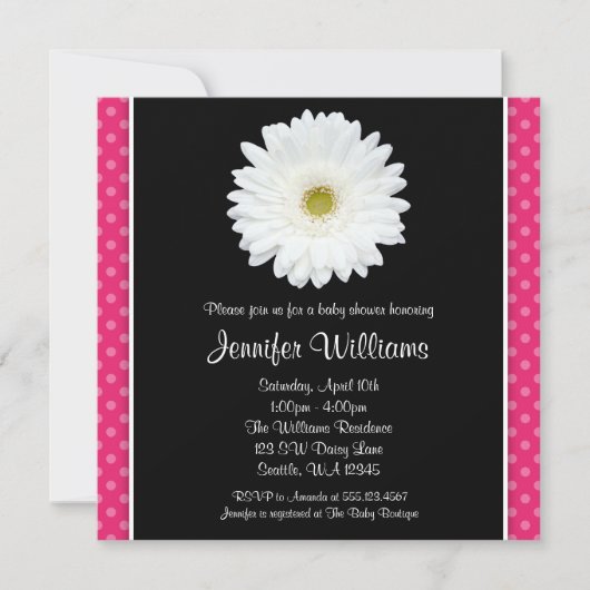 White Gerbera Daisy Pink Polka Dot Baby shower Kaart (Voorkant)