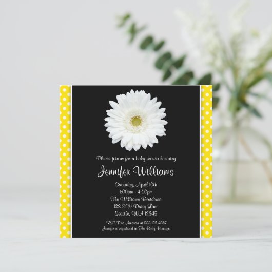 White Gerbera Daisy Yellow Polka Dot Baby shower Kaart (Staand voorkant)