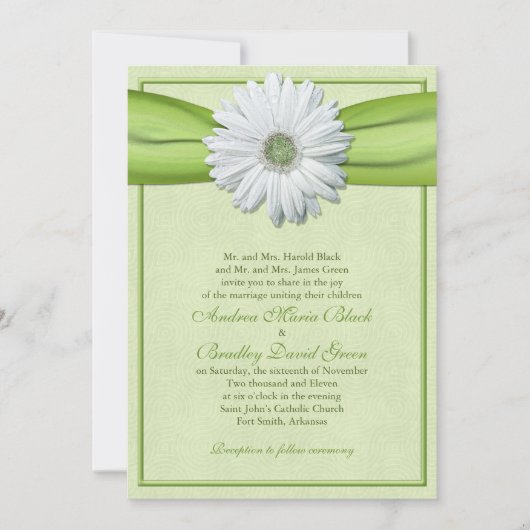 White Gerbera Green Ribbon Invitation Kaart (Voorkant)