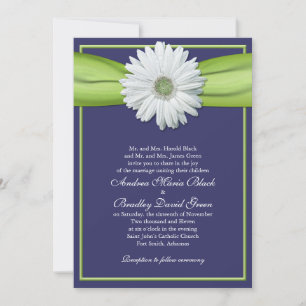 White Gerbera Navy Green Ribbon Invitation Kaart