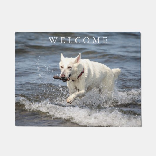 White German Shepard op Lake George Deurmat (Voorkant)