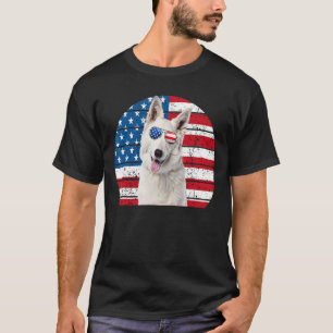 White German Shepherd American Flag 4 juli Gsd D T-shirt