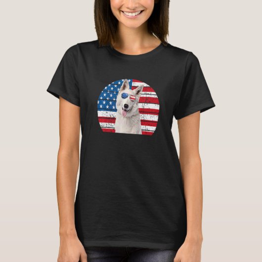 White German Shepherd American Flag 4 juli Gsd D T-shirt (Voorkant)