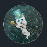 White Ghost neergedrukt in Top Hat Fancy Cane Sky Dartbord<br><div class="desc">Dit dartboard heeft een witte geest opgekleed in een blauwe en gouden bovenste hoed met een fancy zwarte stok met een gouden schedel die zweeft in een nachtelijke hemel met kleine sterren.</div>