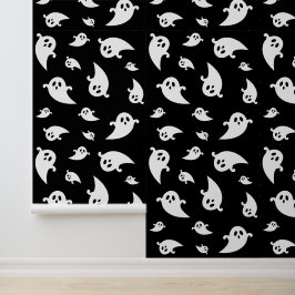 White Ghosts Pattern Spooky Black Halloween Behang