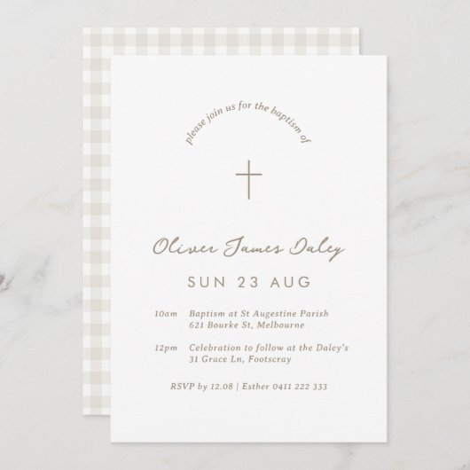 White Gingham Baptism Christening Cross Invitation Kaart (Voorkant / Achterkant)