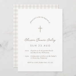 White Gingham Baptism Christening Cross Invitation Kaart