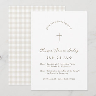 White Gingham Baptism Christening Cross Invitation Kaart