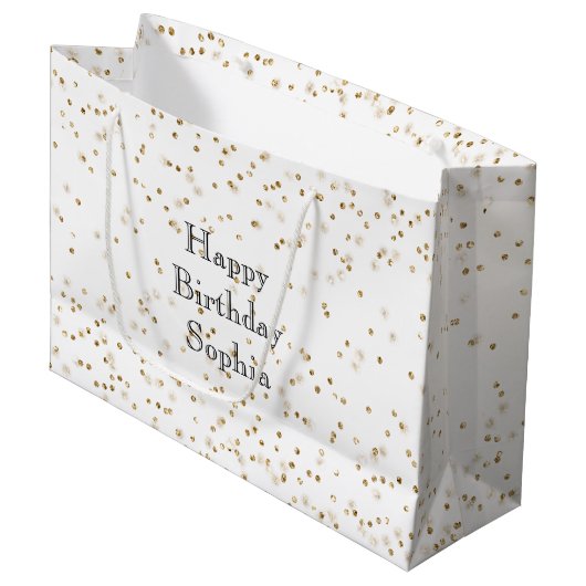 White Glam Gold Sparkle Confetti Verjaardag Groot Cadeauzakje (Voorkant Gekanteld)