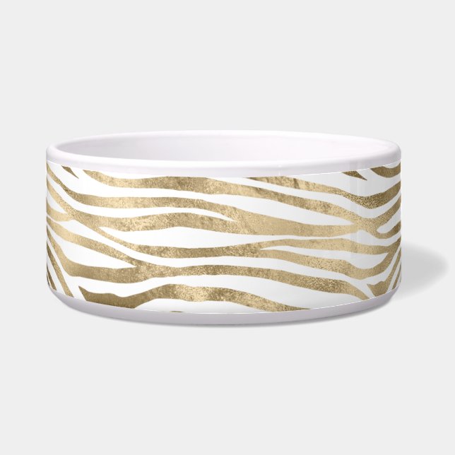 White Glam Gold Zebra Animal Print  Voerbakje (Voorkant)