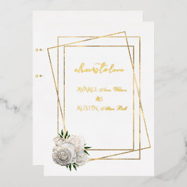 White Glam Rozen and White and Gold Folie Uitnodiging