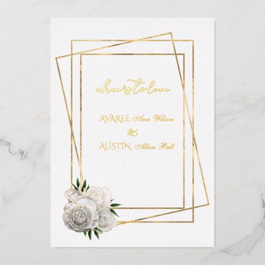 White Glam Rozen and White and Gold Folie Uitnodiging (Voorkant)
