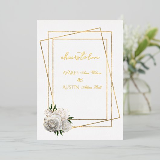 White Glam Rozen and White and Gold Folie Uitnodiging (Staand Voorkant)