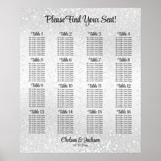 White Glitter - 16 Seating Chart Poster (Voorkant)