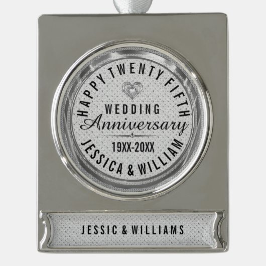 White Glitter 25th Wedding Jubileum Verzilverd Banner Ornament (Voorkant)