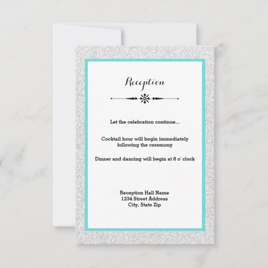 White Glitter and Blauwgroen Lijst- Reception Invi Kaart (Voorkant)