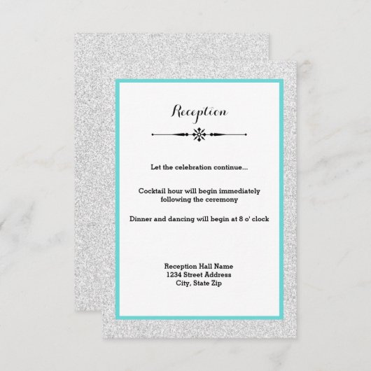 White Glitter and Blauwgroen Lijst- Reception Invi Kaart (Voorkant / Achterkant)