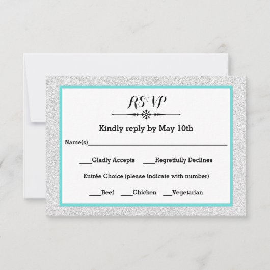 White Glitter and Blauwgroen Lijst- RSVP-reactieka RSVP Kaartje (Voorkant)