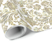 White Glitter and Gold Damascus Patroon Cadeaupapier (Rol Hoek)