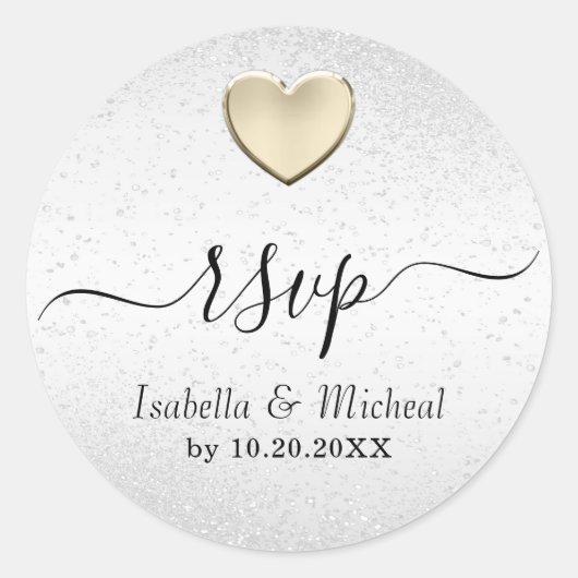 White Glitter and Gold Heart - RSVP Ronde Sticker (Voorkant)