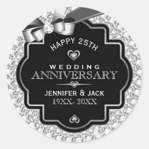 White Glitter & Silver 25th Wedding Jubileum Ronde Sticker