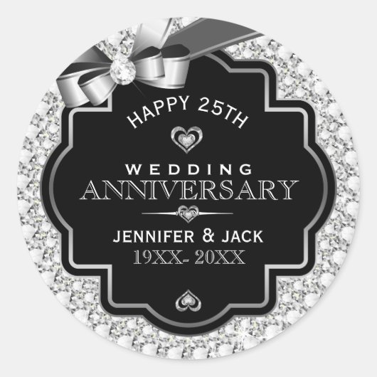 White Glitter & Silver 25th Wedding Jubileum Ronde Sticker (Voorkant)