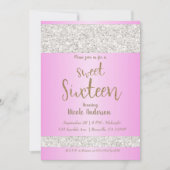 White Glitter Sparkle Pink Sweet 16 Sixteen Party Kaart (Voorkant)