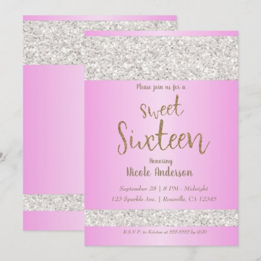 White Glitter Sparkle Pink Sweet 16 Sixteen Party Kaart (Voorkant / Achterkant)