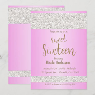 White Glitter Sparkle Pink Sweet 16 Zestien Party Kaart