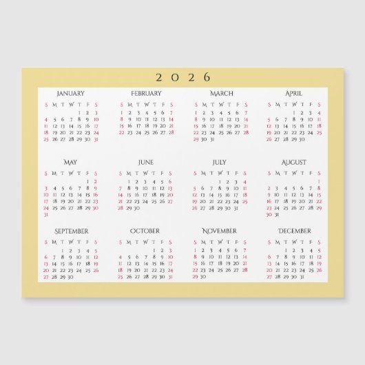 White Gold 2026 Yearly Full Year Calendar Magnet (Voorkant)